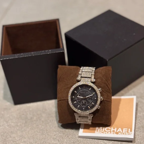 Michael Kors Black watch with mother of Pearl face and rhinestones. Michael Kors Women main image 3